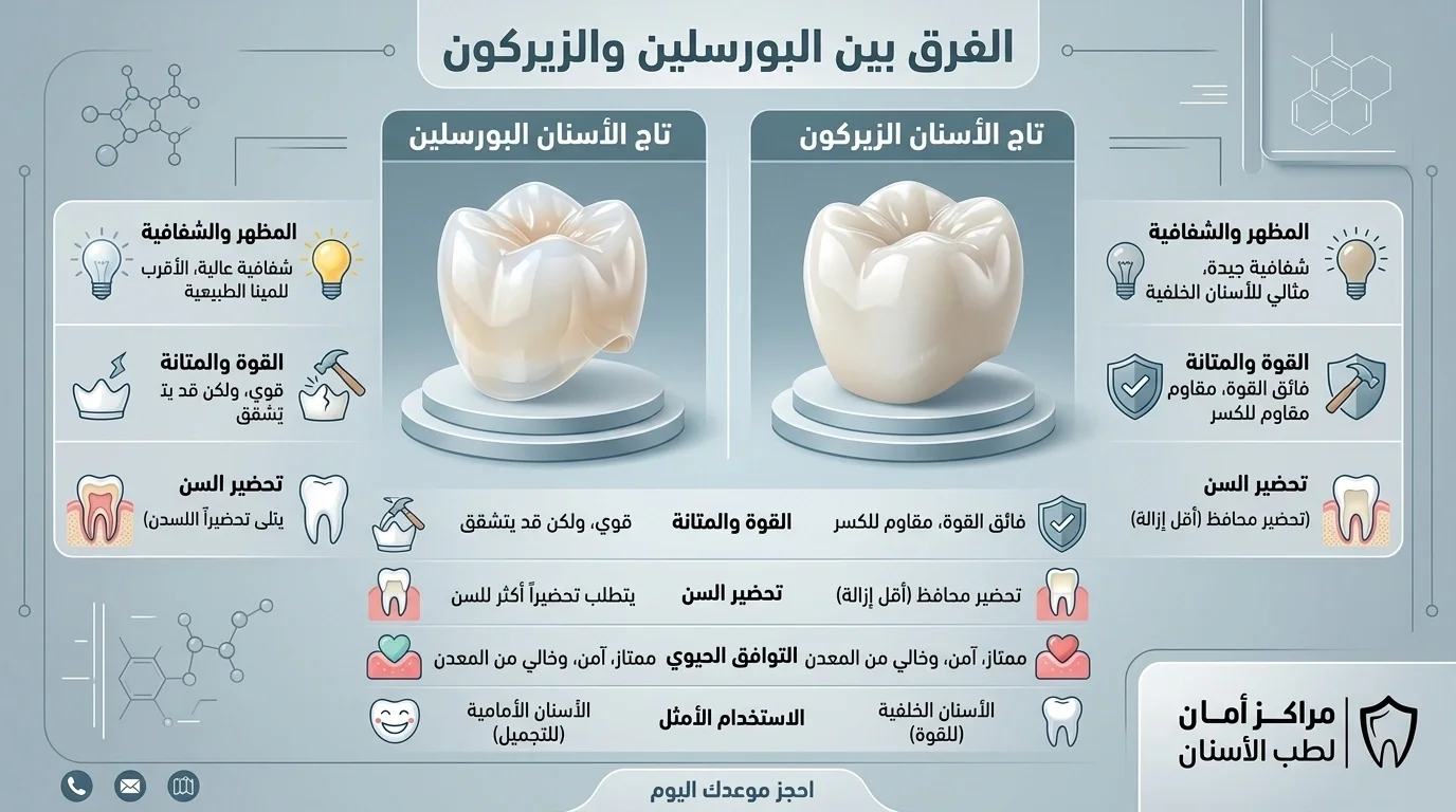 ما الفرق بين الطربوش البورسلين والزيركون؟ الدليل الشامل لاختيار أفضل تاج للأسنان